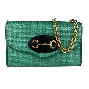 GUCCI Green Straw Horsebit Shoulder Bag
